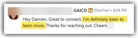 Positive LinkedIn reply example