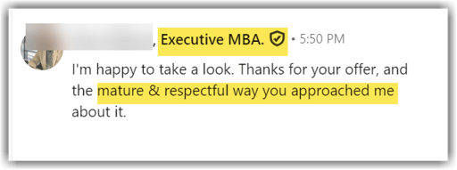 Positive LinkedIn reply example